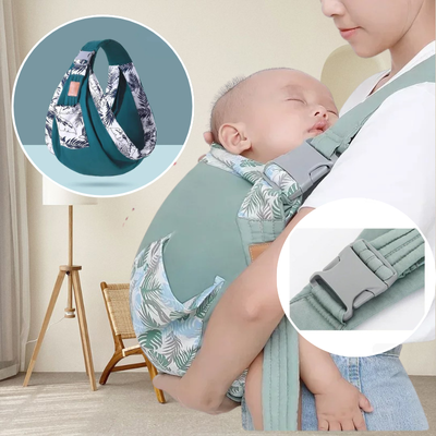 écharpe-de-portage-verte-pratique-poche de rangement-enfilage rapide-fermeture avec sangle